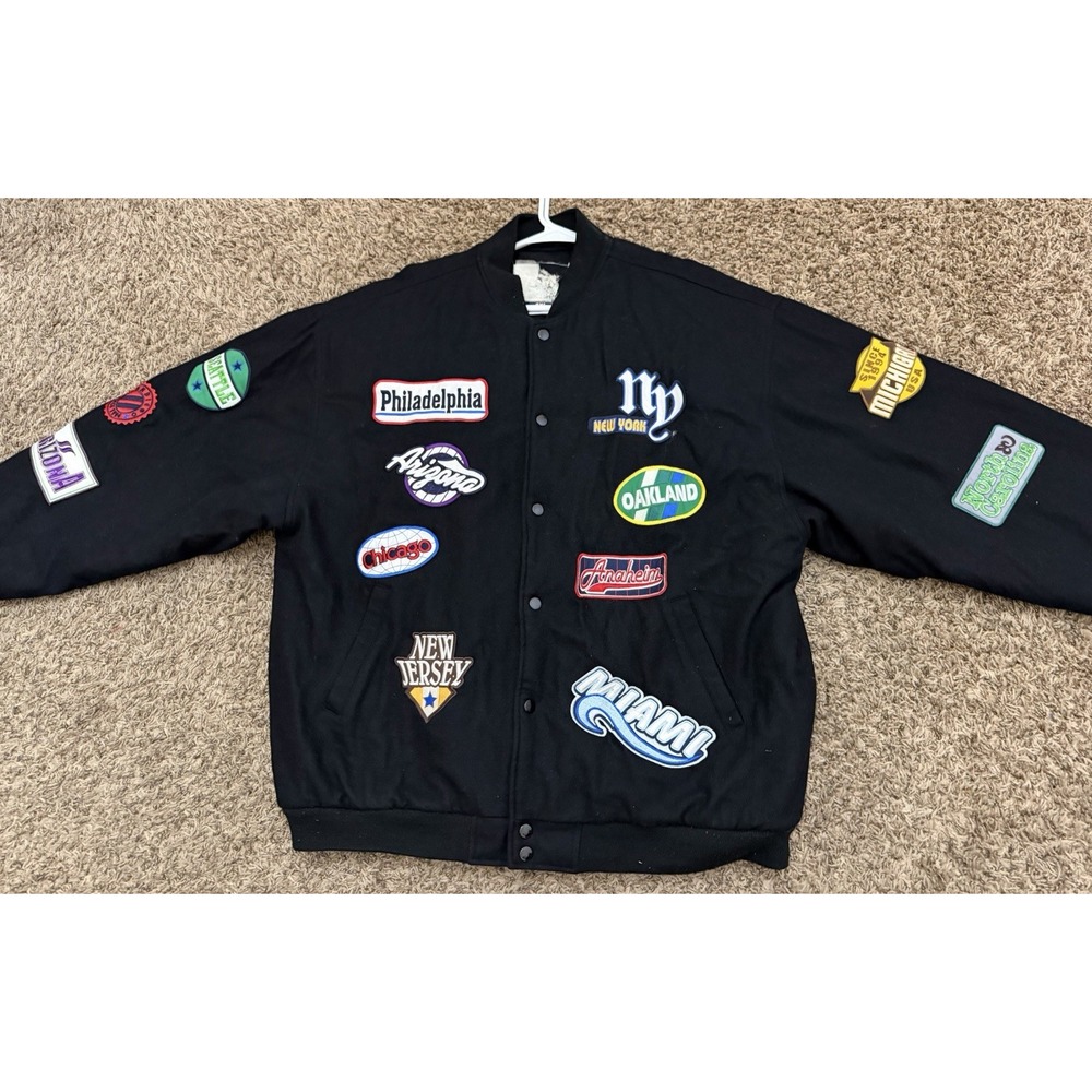 Vintage DELF Sports Wear Brown Bomber Jacket with Colorful City Patches Sz 4XL